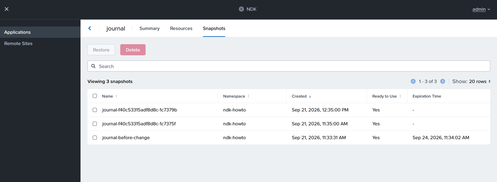 Snapshots tab of the journal application as admin: three snapshots, Restore and Delete buttons