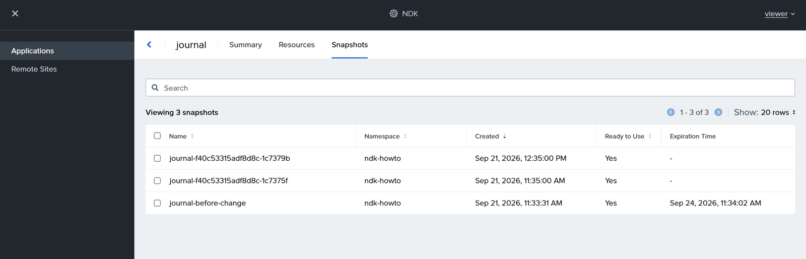 Snapshots tab of the journal application as viewer: same list, no Restore or Delete button